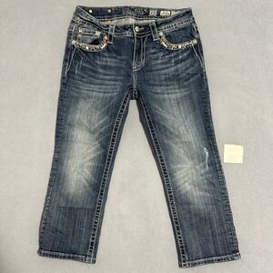 Miss Me Mid Rise Cuffed Capri Jeans Embroidered Dark Wash Blue Womens Size 29